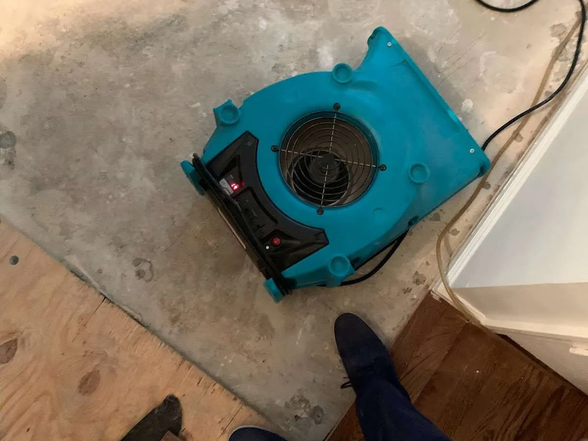 Air mover drying subfloor during Leak Detection & Repair in Charleston